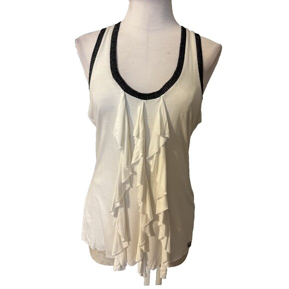 Guess LA Tank Top L Large White Black Silver Trim Ruffle Racerback NEW NWT - Picture 1 of 13